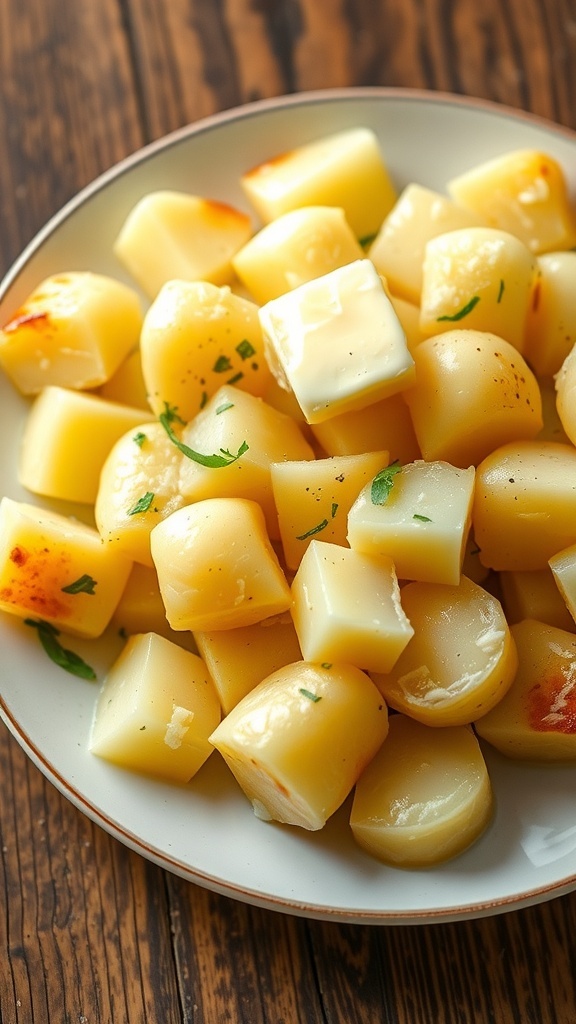 Microwaved Yukon Gold potatoes topped with butter and herbs on a rustic plate.
